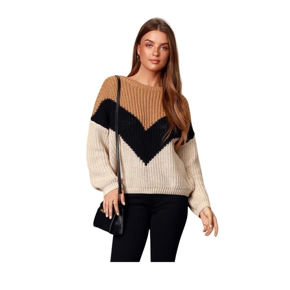 Lumiere‎ Chevron Stripe V-Neck Sweater Cream Tan Black Knit L
